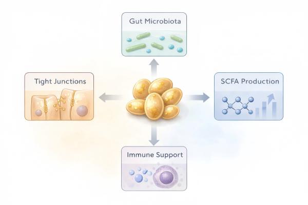 mechanisms of yeast culture supporting gut health including microbiota balance SCFA production immune support and tight junction integrity