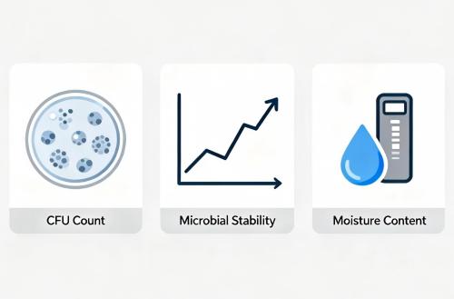 Diagram showing key testing methods for yeast culture quality including CFU count microbial stability testing and moisture content analysis