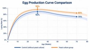 Egg production curve comparison: yeast culture group shows higher and more stable laying rate versus control group over 80 weeks