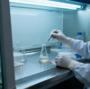 Technician inoculating culture flask inside laminar flow hood for pure strain propagation