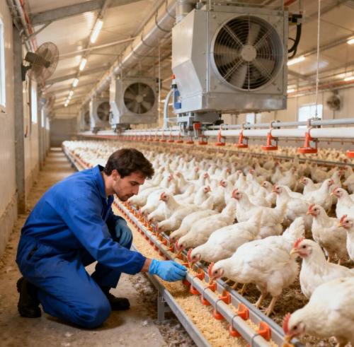Broiler technician inspecting healthy birds fed yeast culture for better feed efficiency and growth