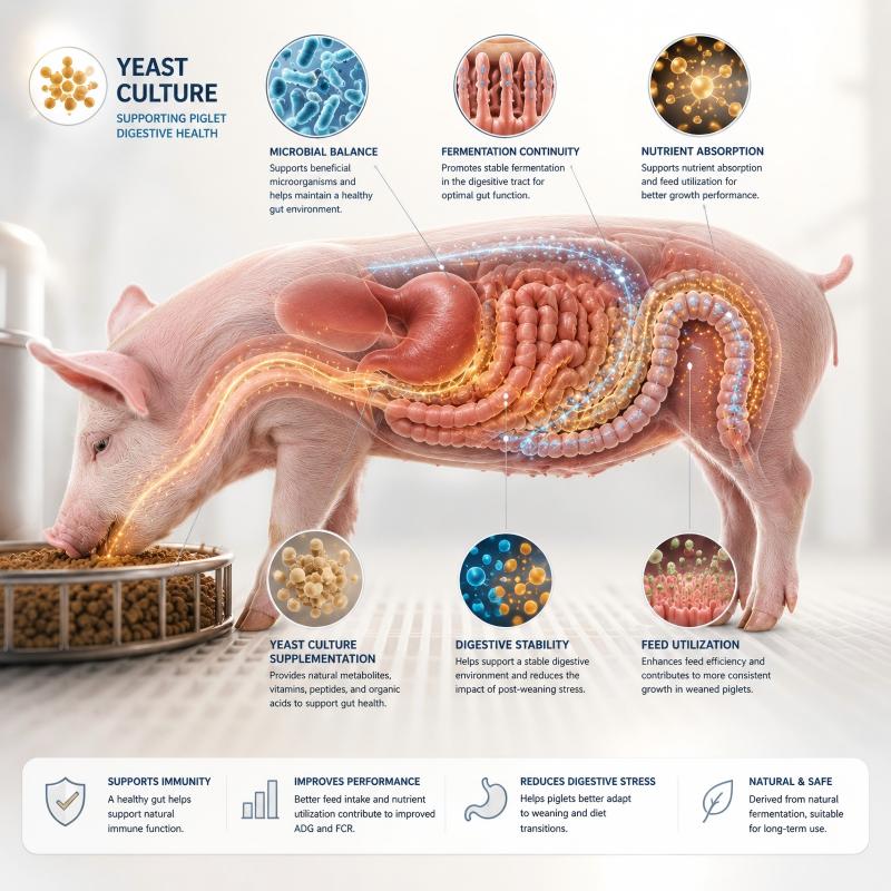 pigletdigestivestabilityyeastculture AnimalYeast Scientific visualization of yeast culture supporting microbial balance and fermentation continuity in piglet digestion