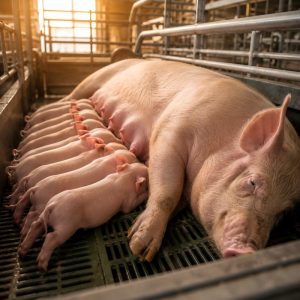 Commercial lactating sow with healthy piglets in a modern swine production system supported by yeast culture nutrition