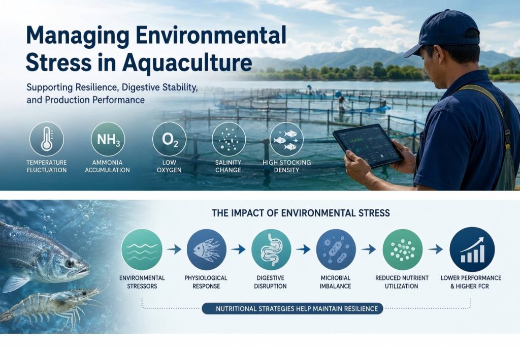 Environmental stress factors in aquaculture affecting digestive stability microbial balance nutrient utilization and production performance in fish and shrimp farming