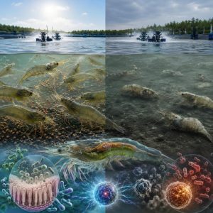 Shrimp farming under Vibrio pressure showing yeast culture support for gut health and stress resilience