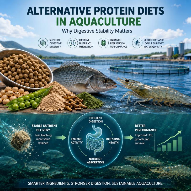 Alternative protein aquaculture feed pellets supporting stable digestion in fish and shrimp production
