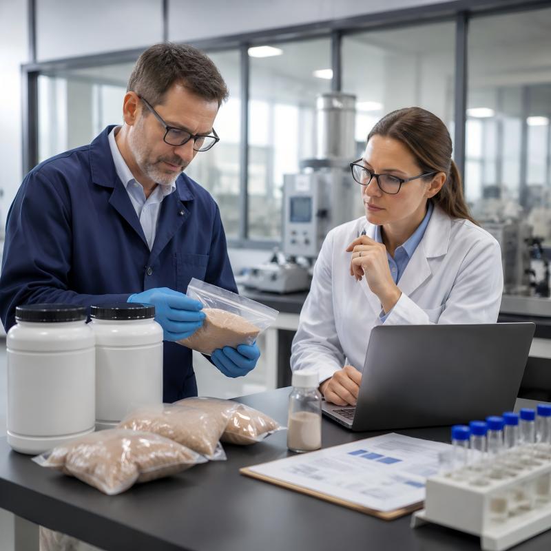 Feed company quality manager evaluating yeast culture product quality before purchase