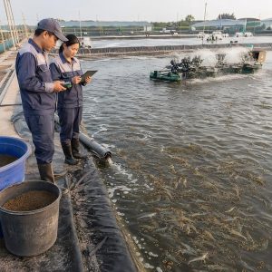 Aquaculture technicians monitoring feed efficiency and water quality in an intensive shrimp farming system