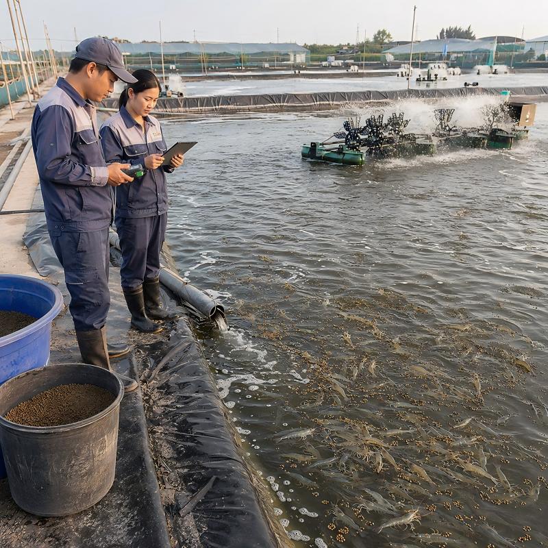 Aquaculture technicians monitoring feed efficiency and water quality in an intensive shrimp farming system