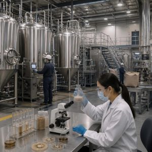 Modern yeast culture manufacturing facility with fermentation tanks and quality control laboratory for animal feed production