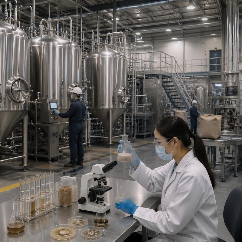 Modern yeast culture manufacturing facility with fermentation tanks and quality control laboratory for animal feed production